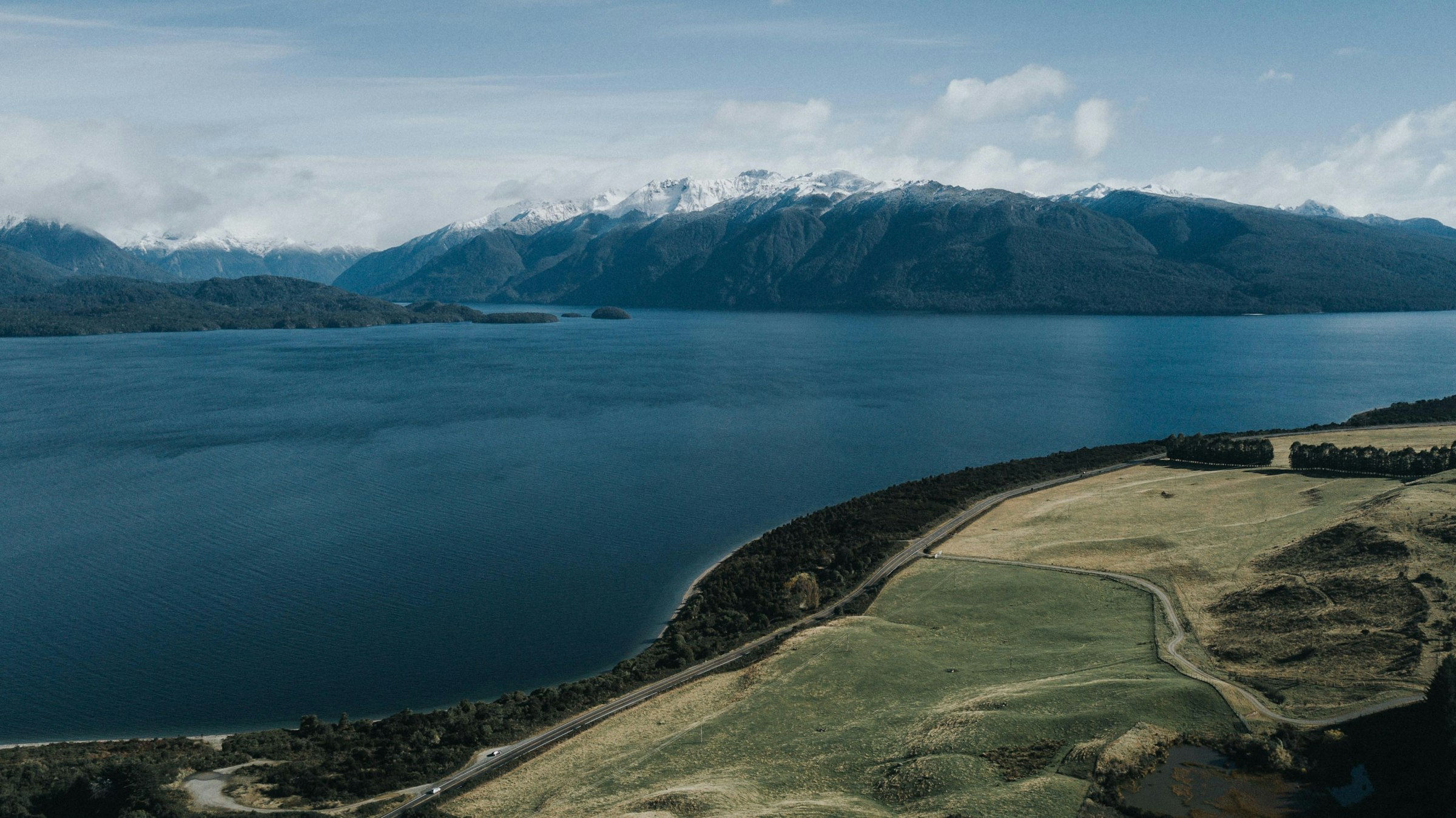 Aerial view of a lake in Fiordland, South Island